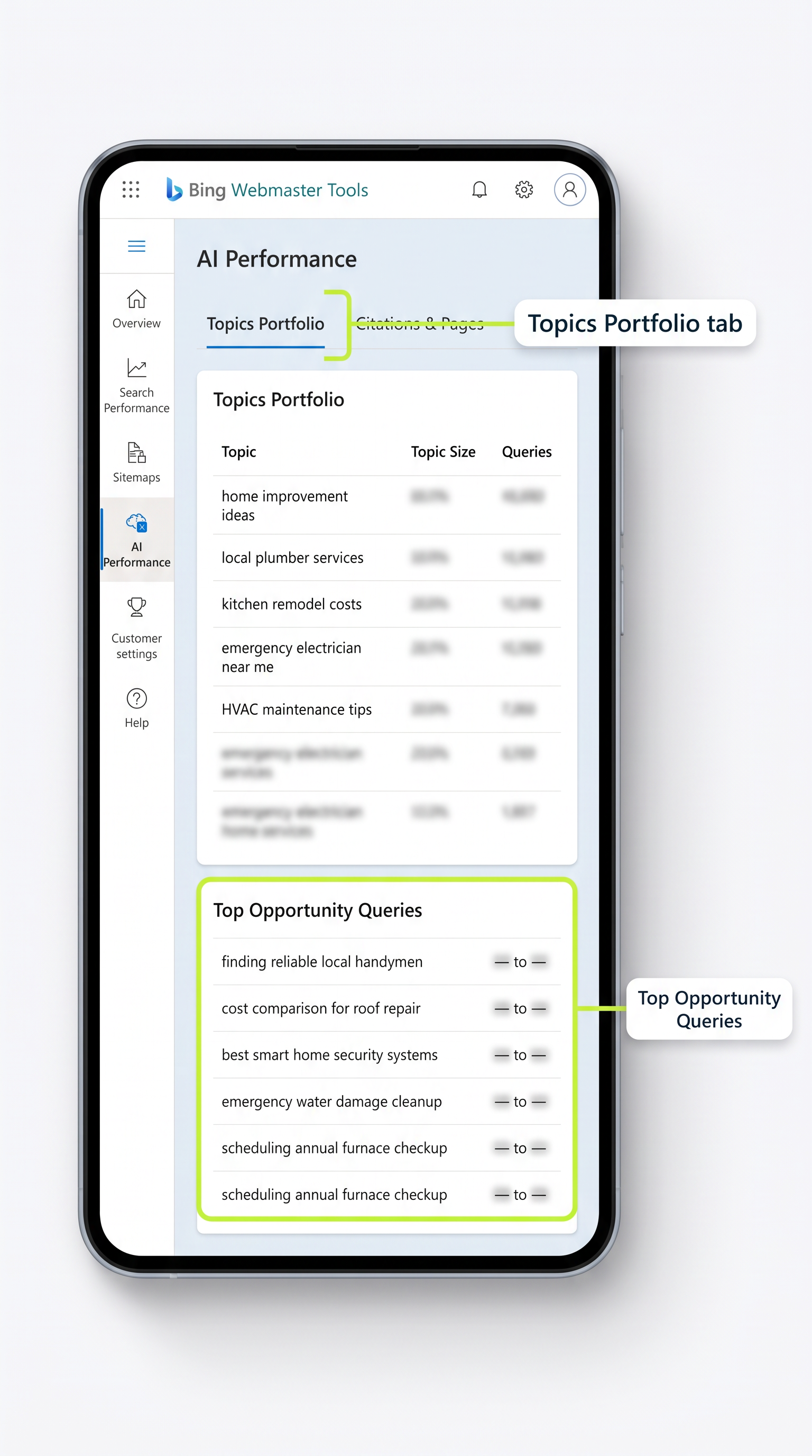 Phone screen illustration of Bing Webmaster Tools' AI Performance tab, with Top Opportunity Queries boxed and labeled