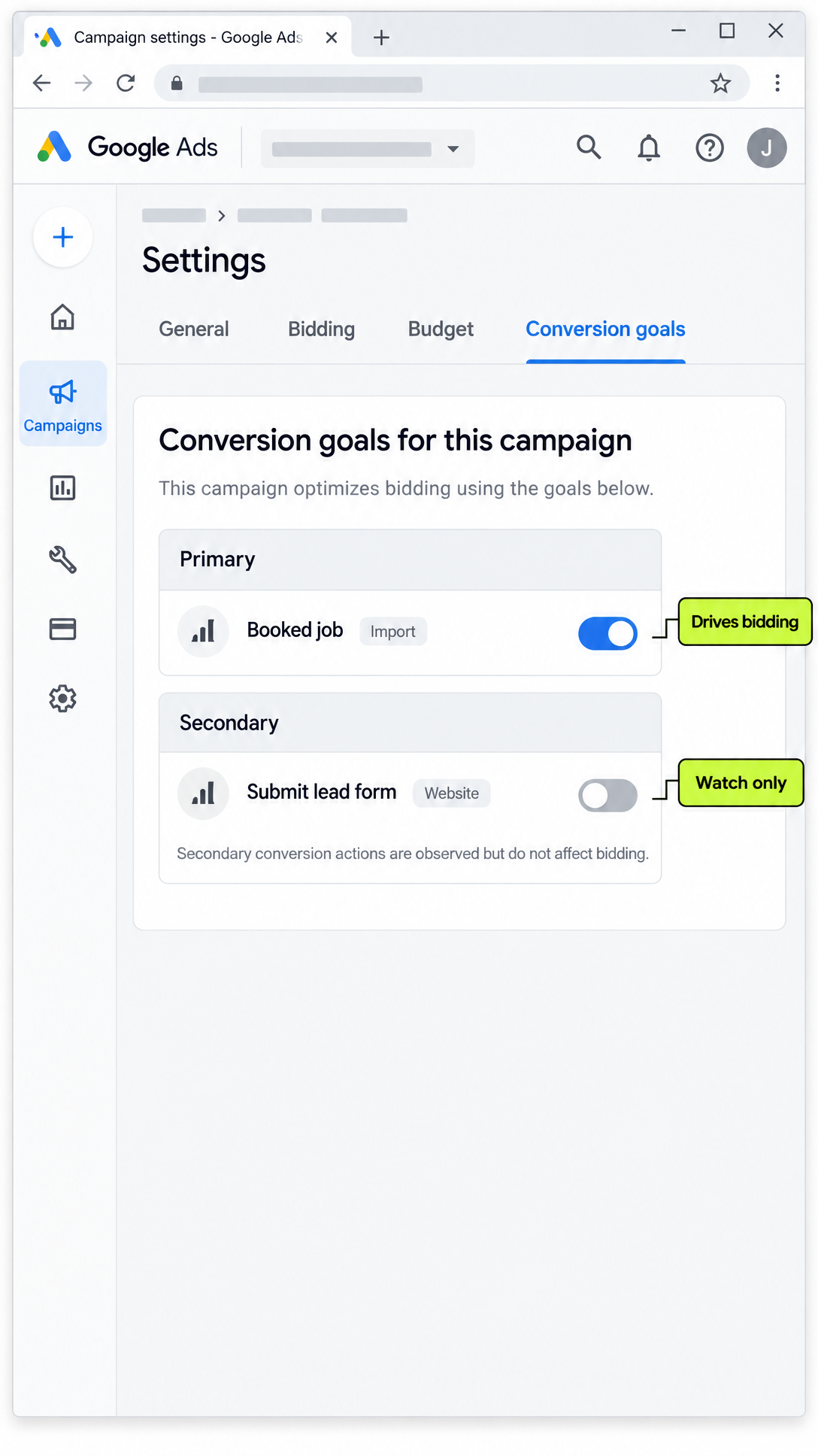 Google Ads campaign Settings showing Conversion goals with Booked job Primary and Submit lead form Secondary