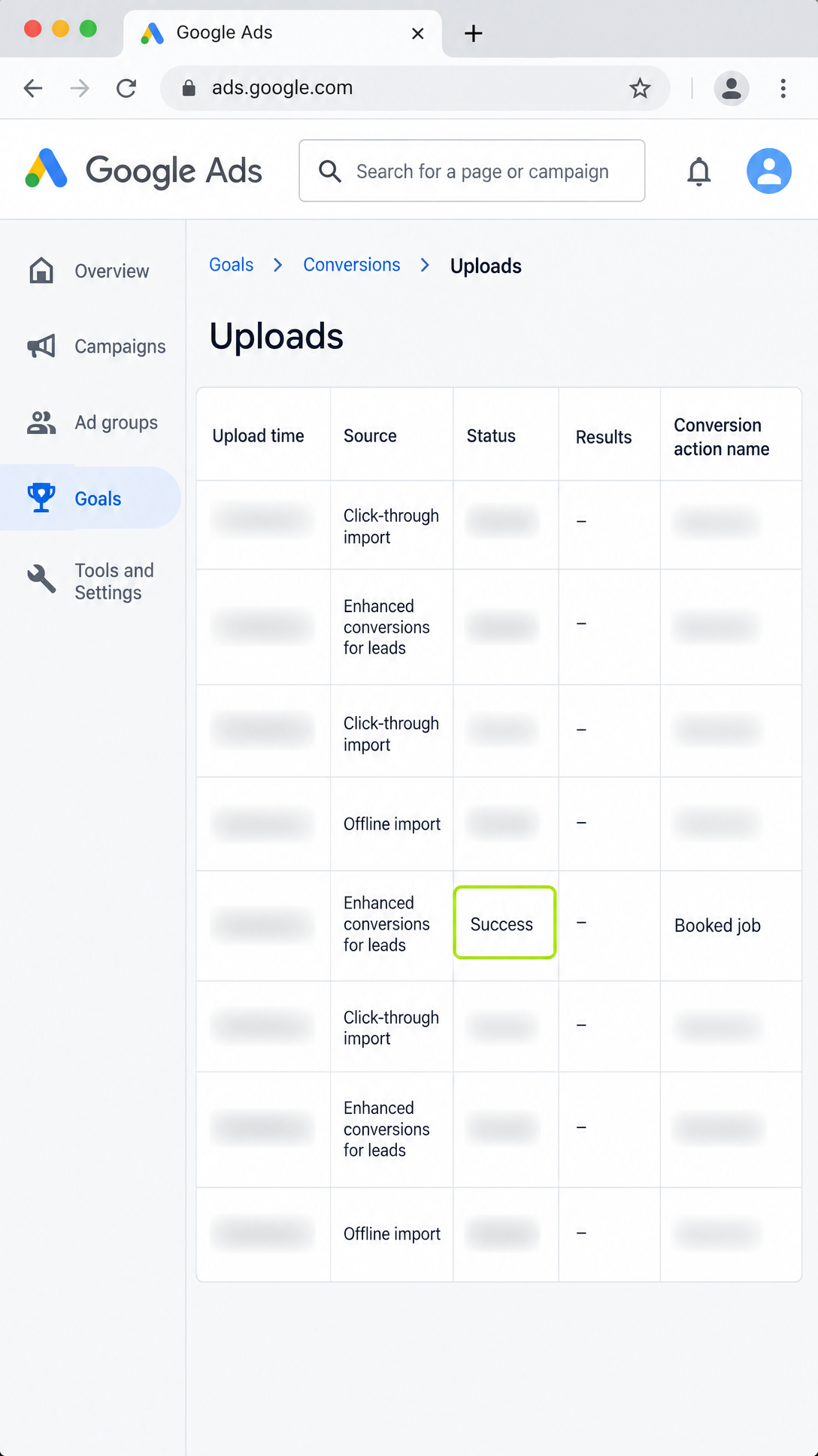Google Ads Uploads screen with a Booked job row marked Success, boxed in lime green