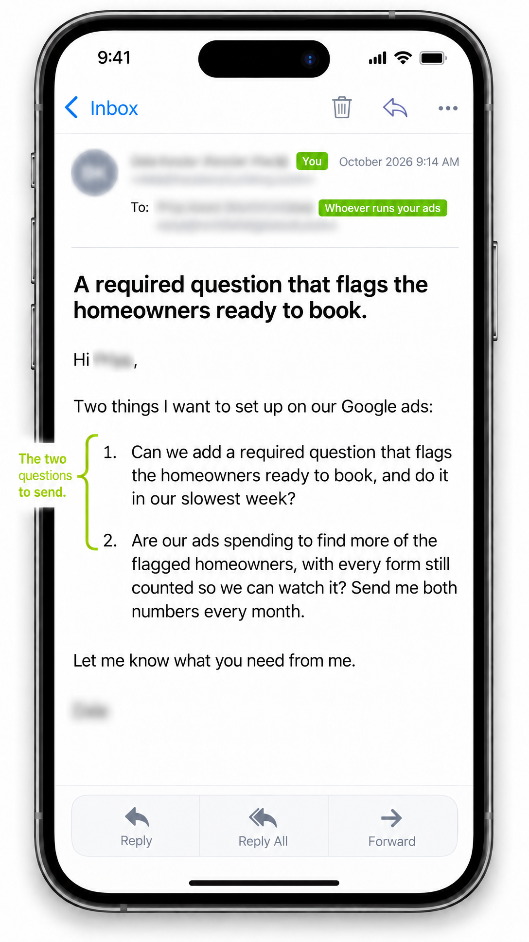 Email app shows a privacy-blurred message with two numbered questions about flagging ready-to-book homeowners from Google ads