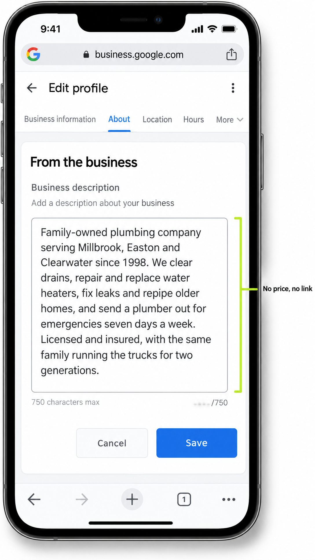 Google Business Profile's About screen with a plumbing business description and "No price, no link" callout
