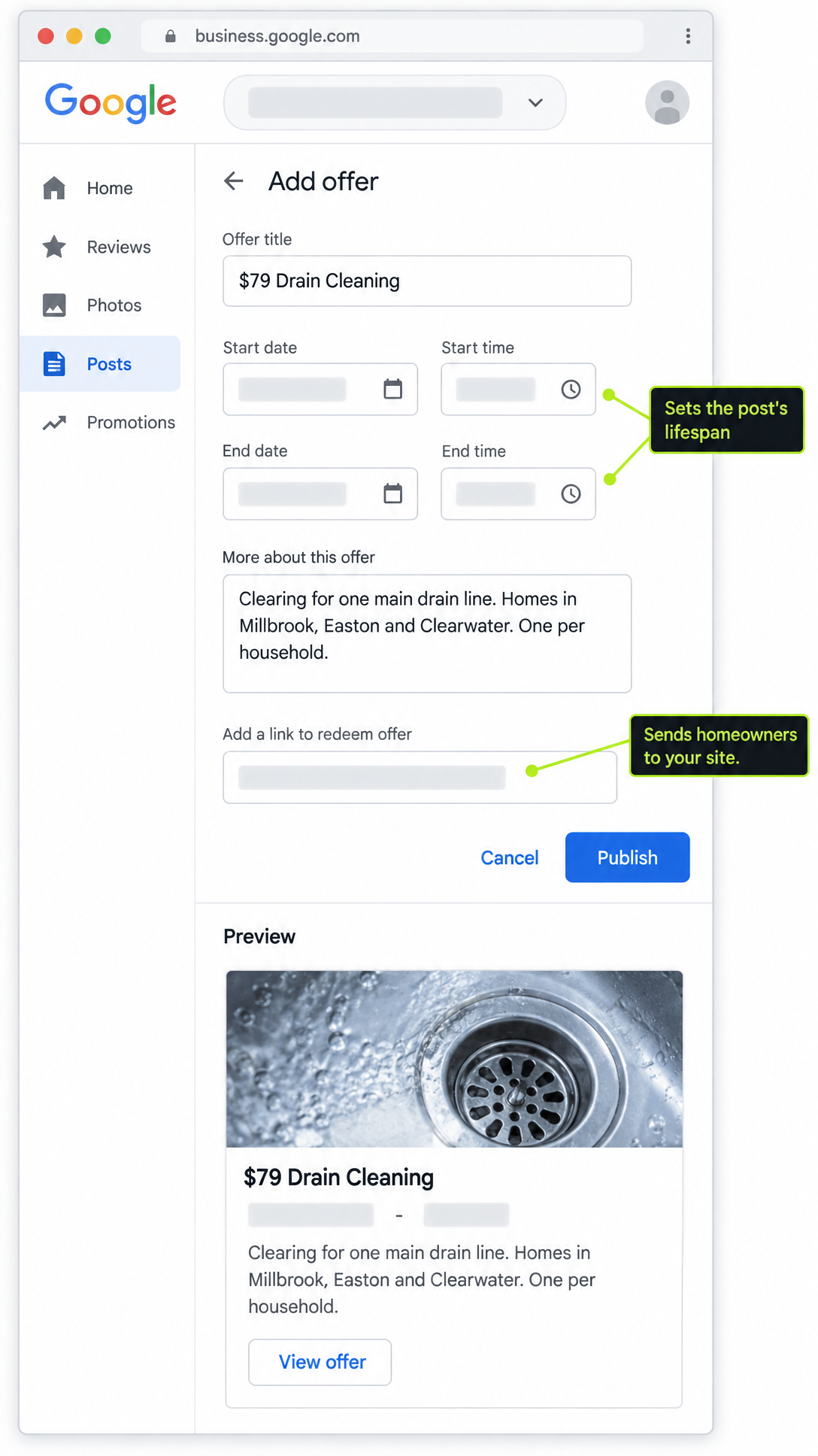 Google Business Profile's "Add offer" screen with a $79 Drain Cleaning offer and two lime callouts