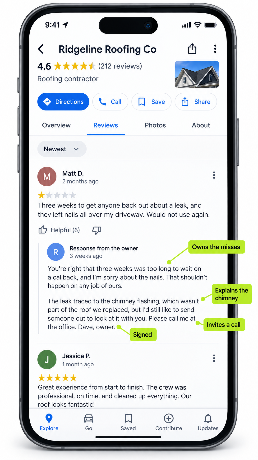 Phone screen shows a Google Maps roofing company review with a one-star complaint and the owner's reply, callouts labeling