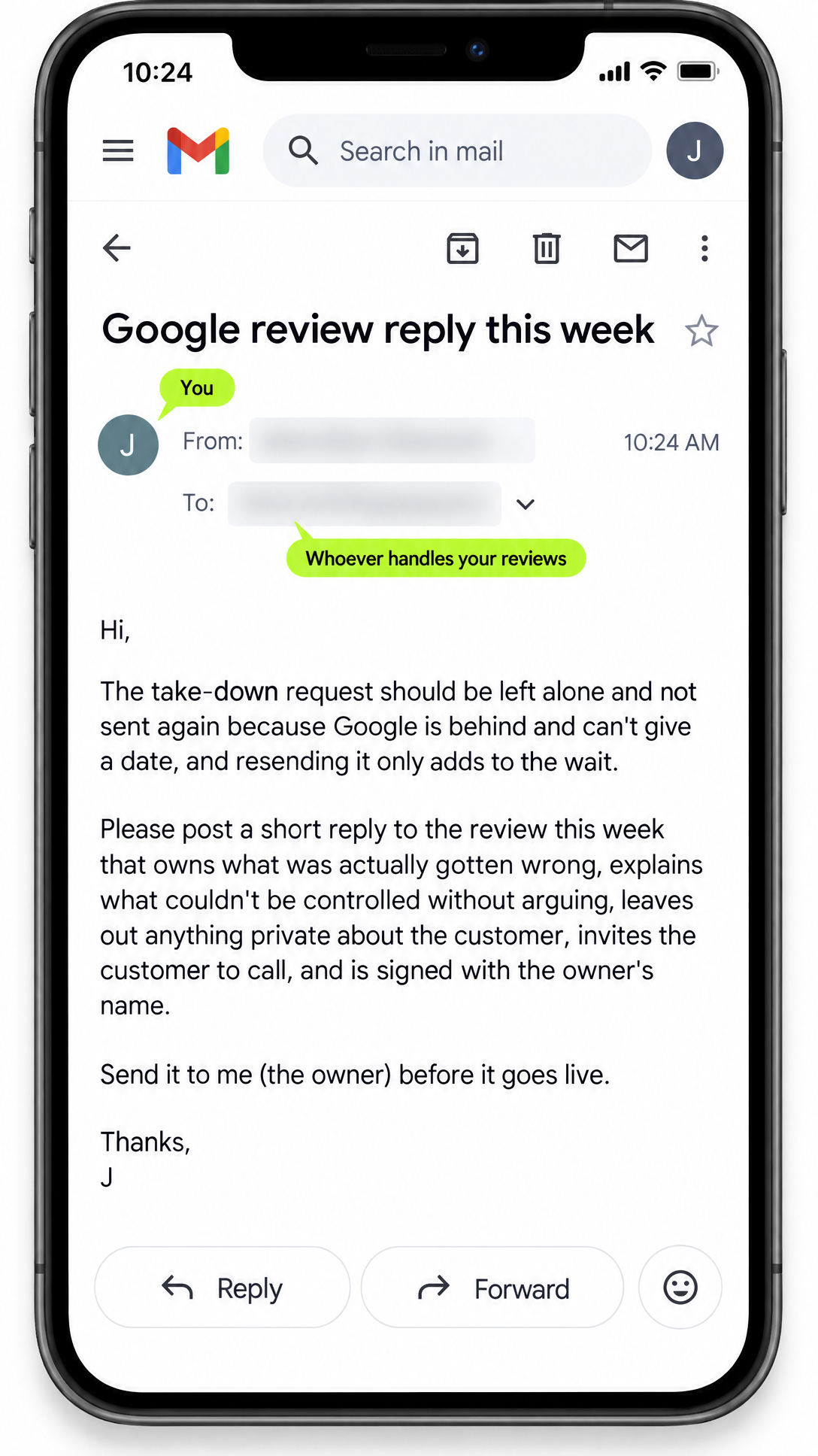 A Gmail email titled "Google review reply this week" with blurred From/To lines labeled You and Whoever handles your reviews