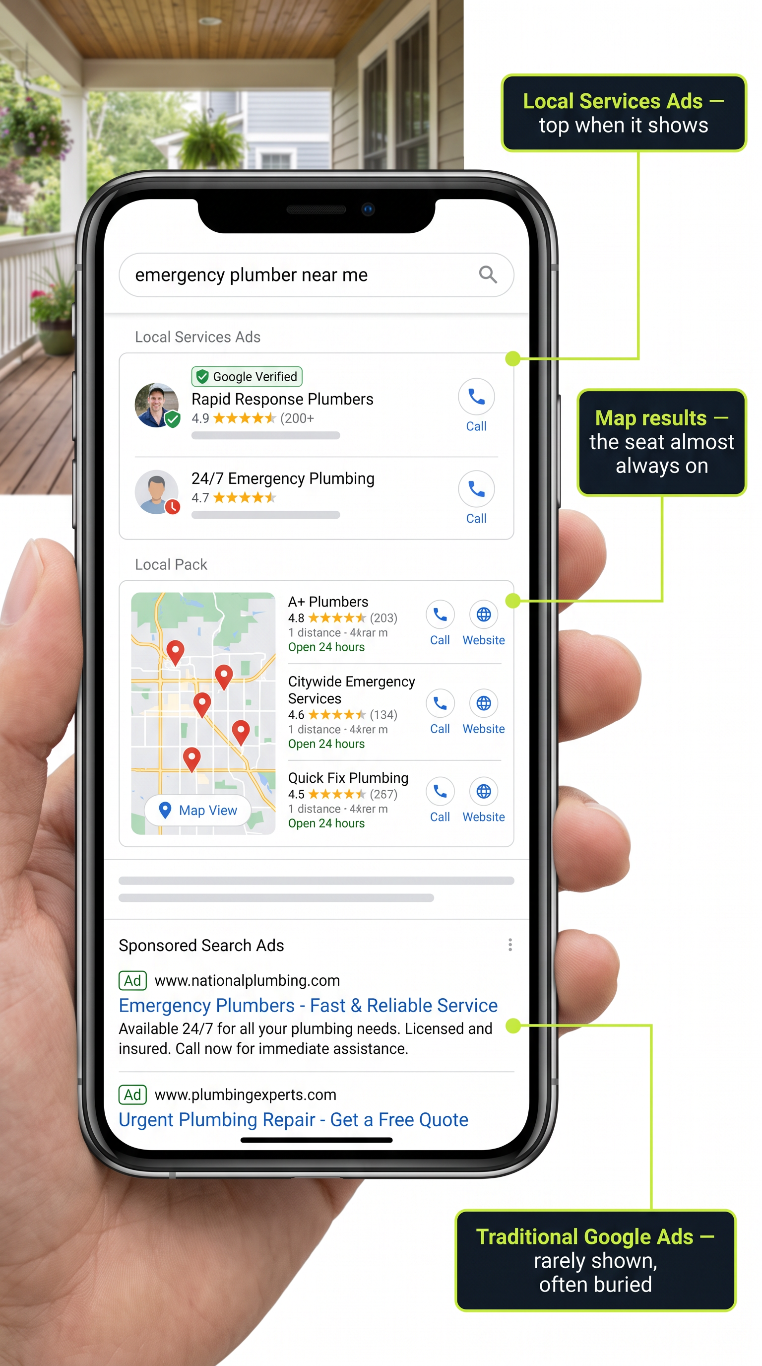 Illustration of a phone showing a Google search results screen labeled with three ad-layer explainer callouts