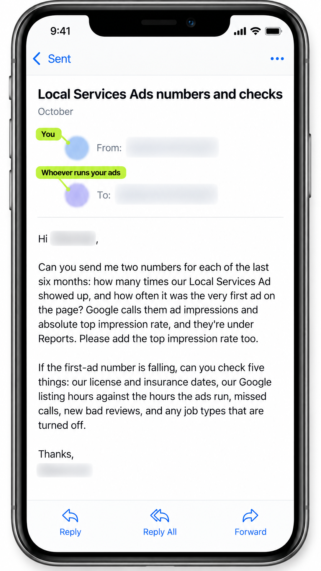 A phone shows a sent email requesting Local Services Ads numbers, with names blurred and labeled "You" and "Whoever runs