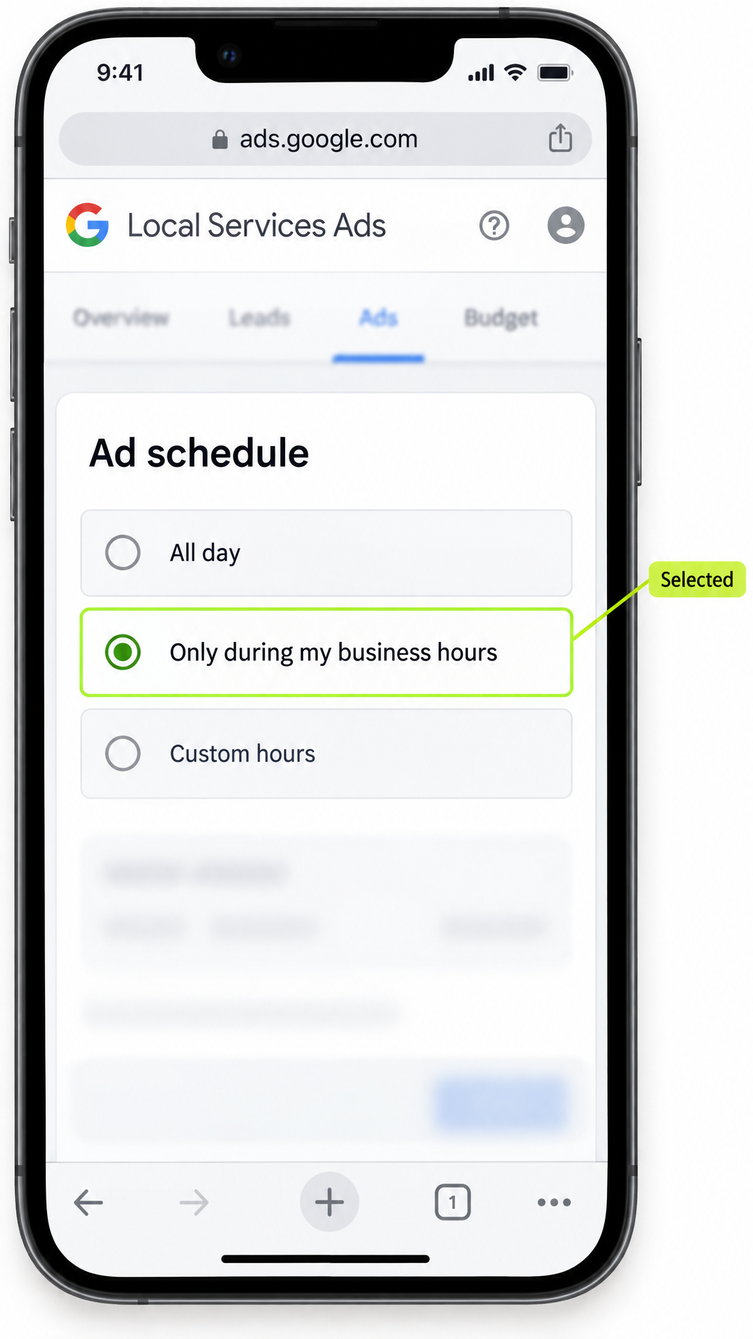 Phone screenshot of Local Services Ads Ad Schedule with "Only during my business hours" selected and labeled