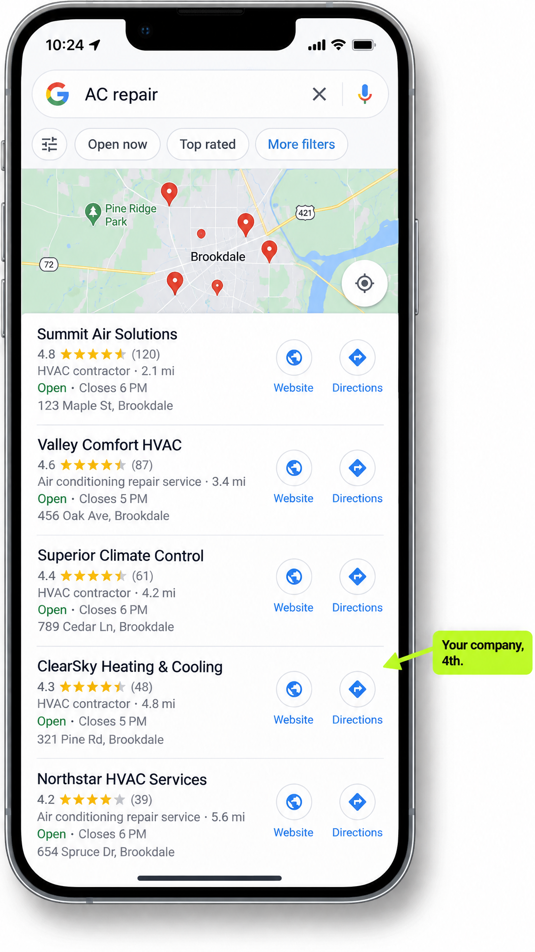 Google Maps results screen for "AC repair" with a callout marking the 4th listing as "Your company."